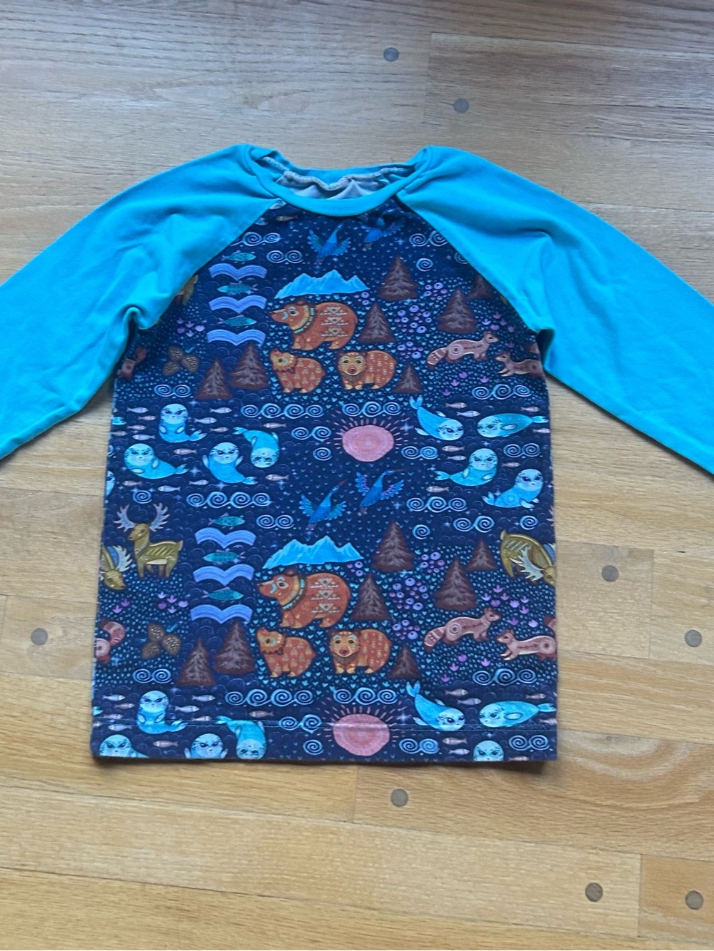 Kids Long Sleeve Raglan Tee with Turquoise Sleeves and Woodland Animal Print